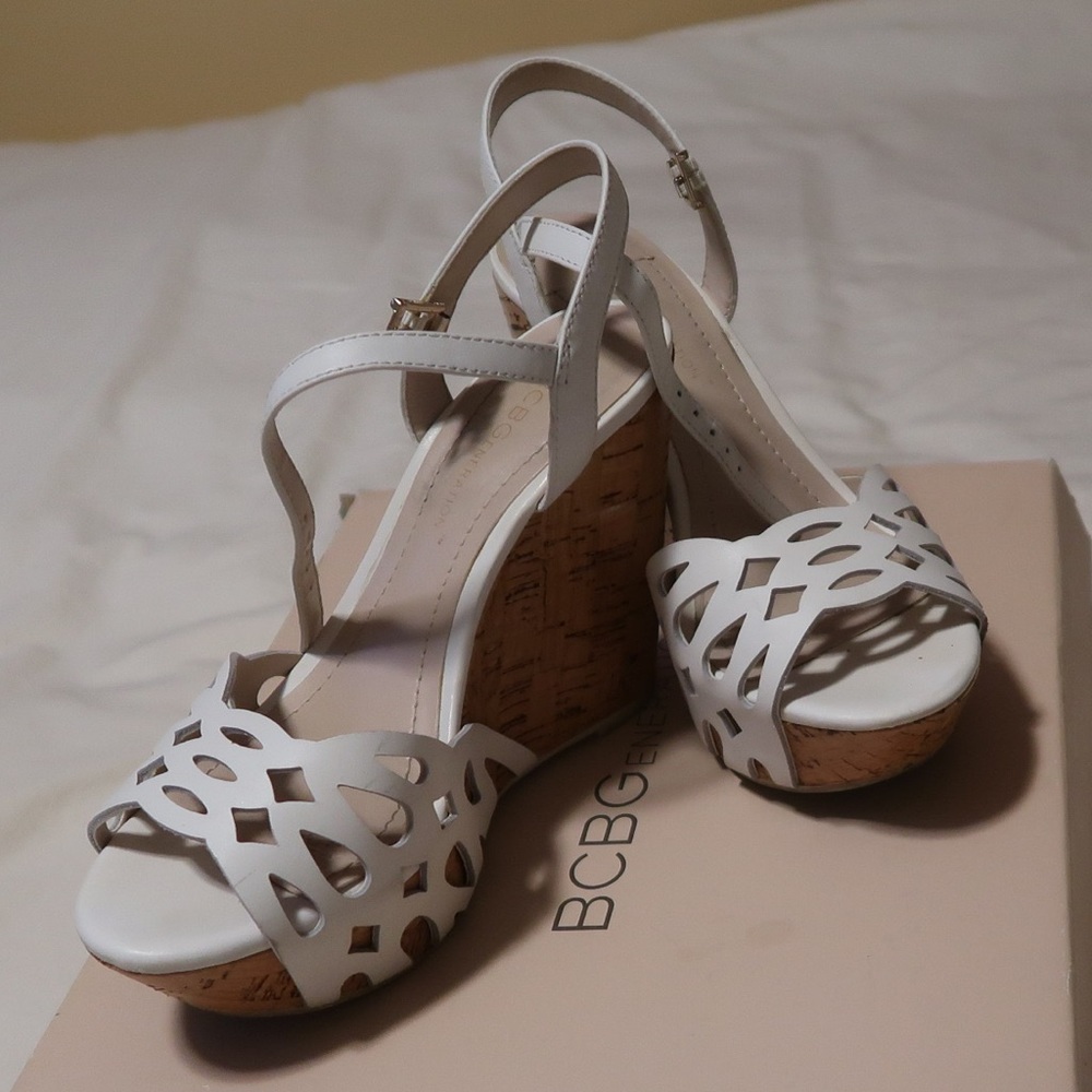 BCBG white cork wedge